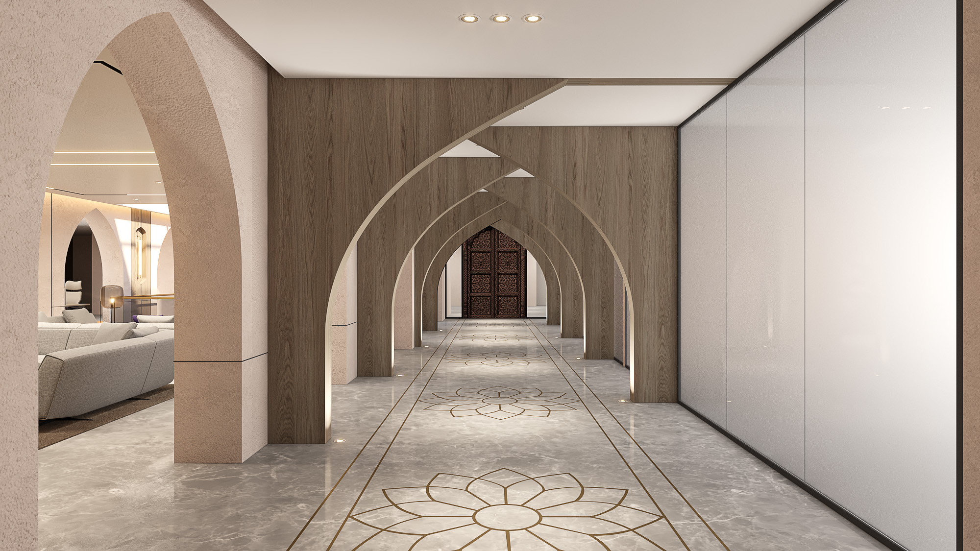 Stone-clad corridor in an AU Bank workplace
