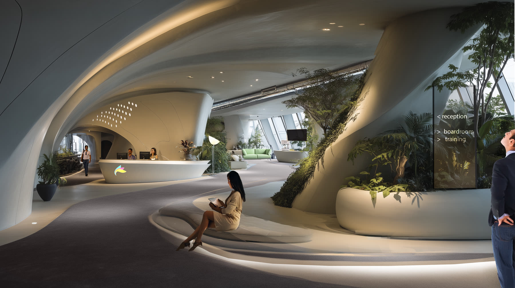 Curved white reception hall with planting, Aviation Facility Management, Bangalore