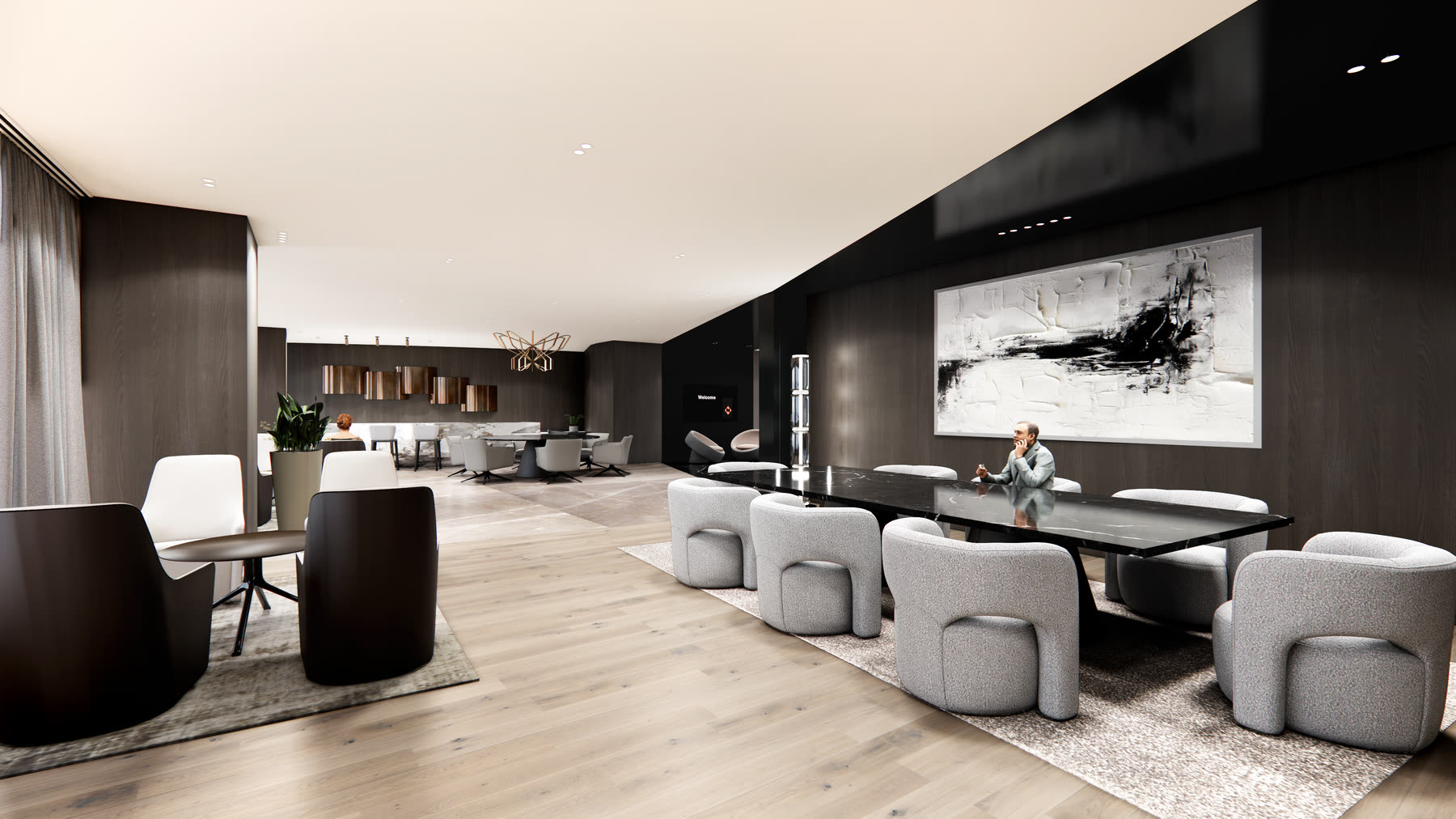 Nippon India cafe with black timber walls and pale oak flooring